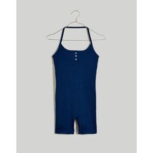 Madewell M/L Navy Blue Ribbed Halter Henley Romper Unitard NL317 SM